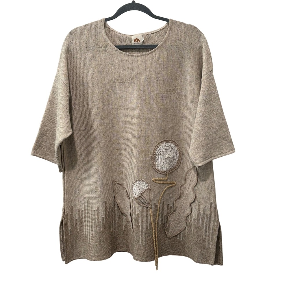 Arachne Knit Top Womens XXL Beige Linen Blend Floral‎ Applique Art Lagenlook